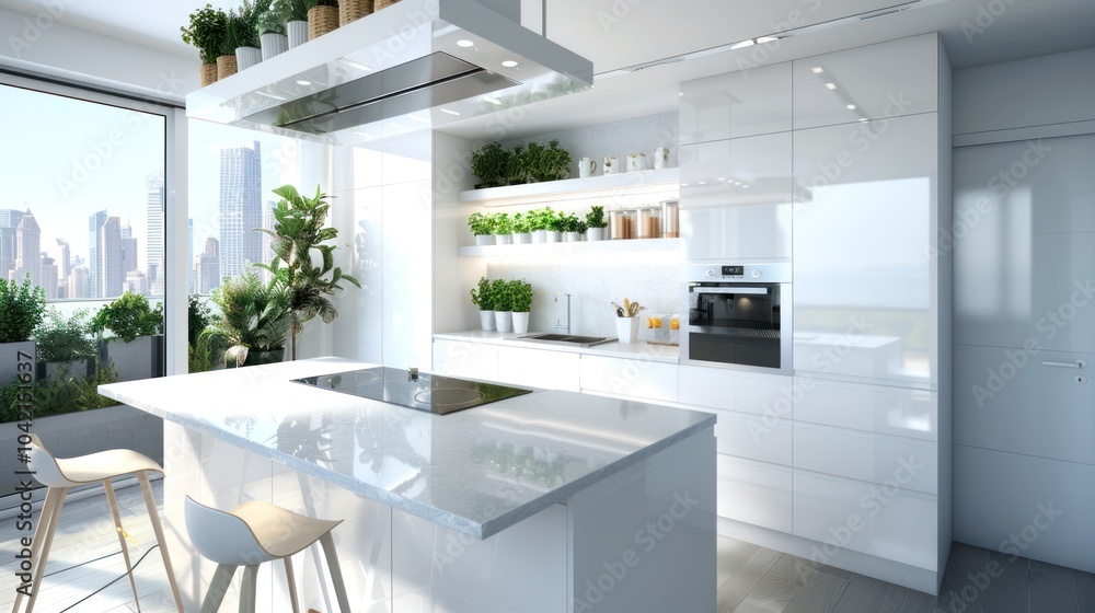 Wall mural Modern White Kitchen with City View