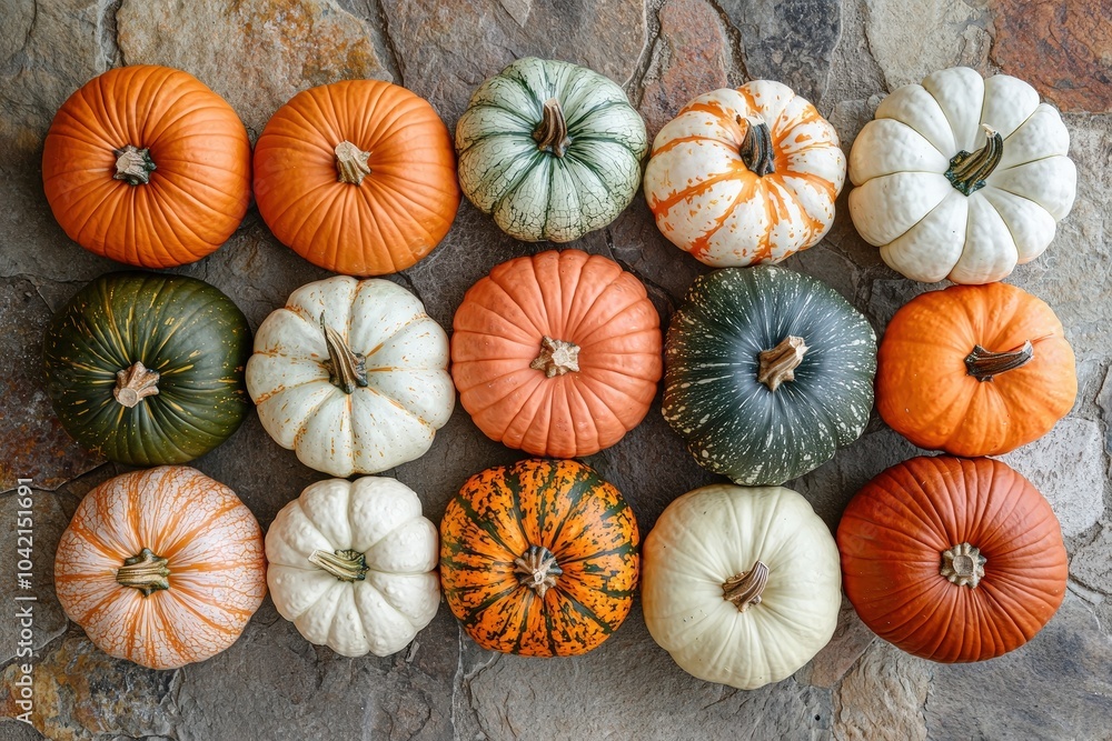 Poster assorted pumpkins with rich hues and textures are creatively arranged on a textured stone background