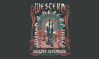 Desert vibes artwork design for sticker, poster, background, fashion and others. Western desert artwork. Cactus tree vector design. Desert adventure art. Arizona vintage print design for t shirt.