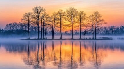 Obraz premium Serene sunset over a lake with silhouetted trees reflecting in calm waters.