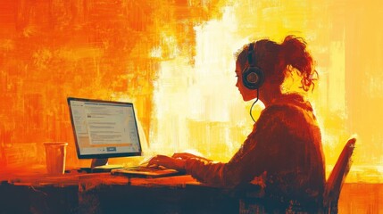A woman sits at a desk in front of a computer, typing while wearing headphones. The room is bathed in warm, orange light.