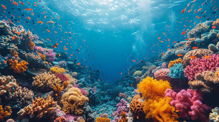 Obraz premium Vibrant underwater scene of a colorful coral reef teeming with fish in clear blue water, Generative AI