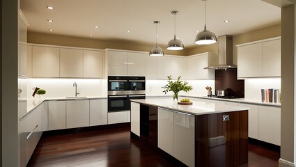 Glossy-finished luxury kitchen with sophisticated lighting and modern design
