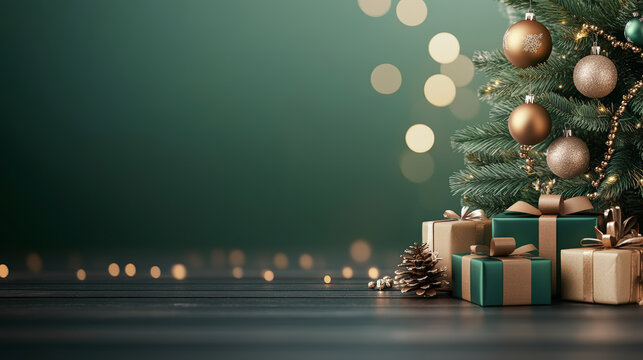 Elegant Christmas scene with a decorated tree, gold ornaments, and neatly wrapped presents on a wooden surface, soft lights twinkling in the background.