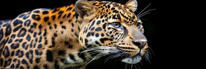 Obraz premium ジャガーが黒い背景の前でじっと見つめている瞬間、野生の魅力を感じる