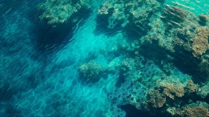 Obraz premium Aerial view of vibrant coral reefs and crystal-clear turquoise water, ideal for travel and conservation projects