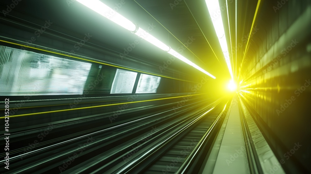 Poster bright light at the end of a subway tunnel with illuminated rails and walls during rush hour in an u