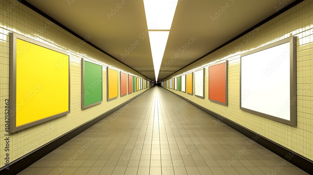 Poster colorful blank frames line an underground tunnel in a subway station, creating a vibrant and invitin
