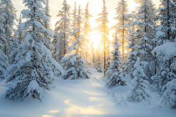 Obraz premium Golden sunrise over snow-covered pine forest in winter wonderland