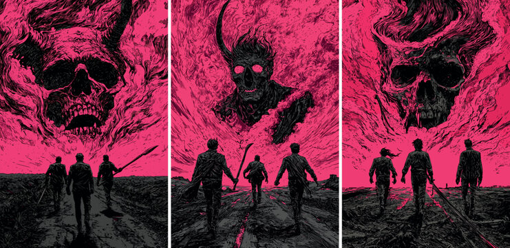 Horror comic manga movie posters color ink sketch vector concepts. Group back view mans weapons walking characters, attacking pink fog smoke ancient horned skull demon illustrations