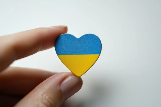 Hand holding a wooden heart painted in blue and yellow colors symbolizing support for Ukraine