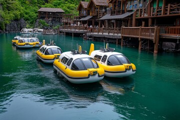 Futuristic boats docked near Popeye Village, with advanced technology integrated into the rustic environment