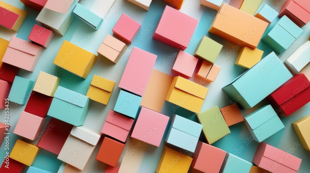 Poster colorful gift boxes in various sizes are scattered across a flat surface, creating a joyful and fest