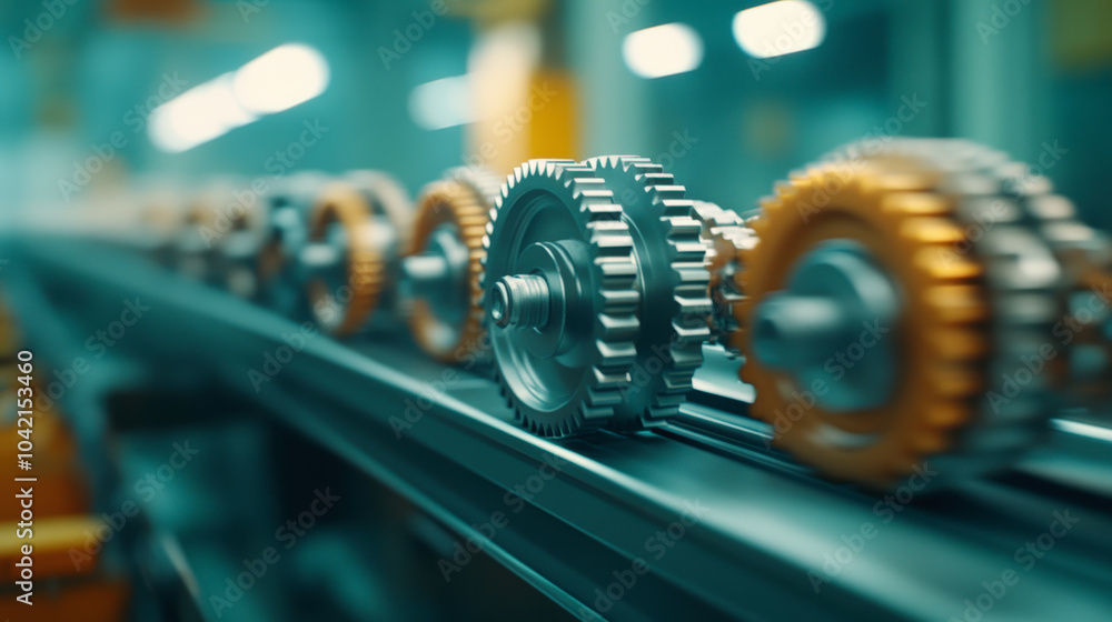Aufkleber precision-engineered gears move along an automated assembly line in a factory, showcasing modern man