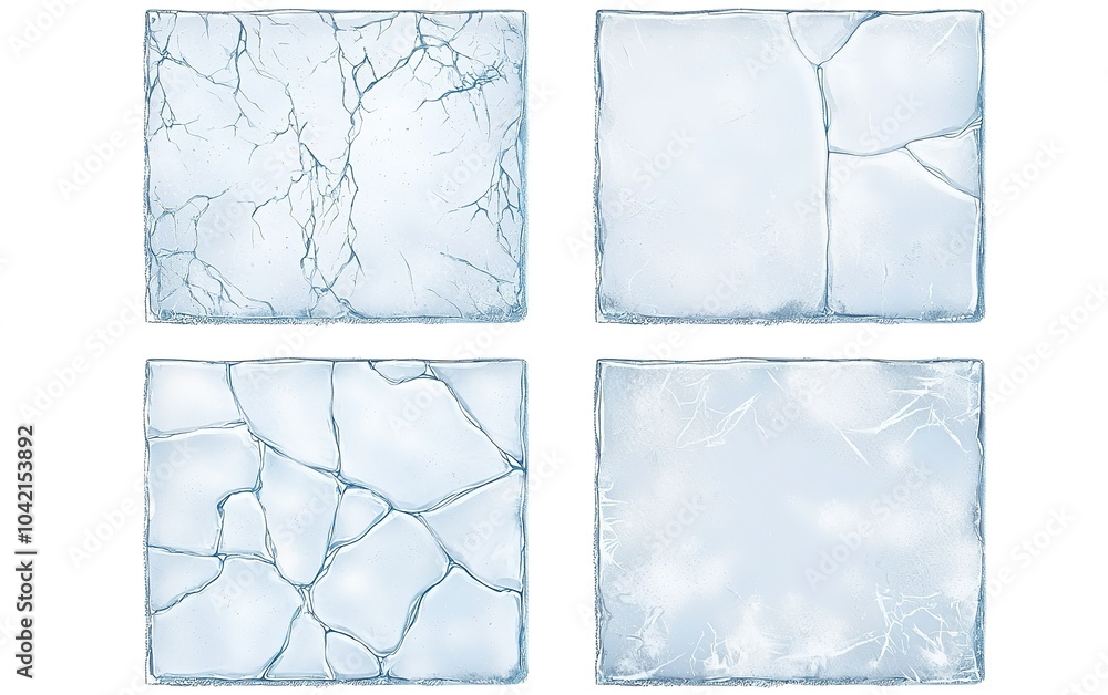Poster different textures of ice displayed in four square panels showcasing unique cracks and surface patte