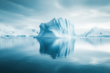 Majestic iceberg reflection in pristine arctic waters under cloudy sky