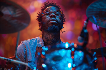 Drummer performing passionately amidst vibrant colors, Generative AI