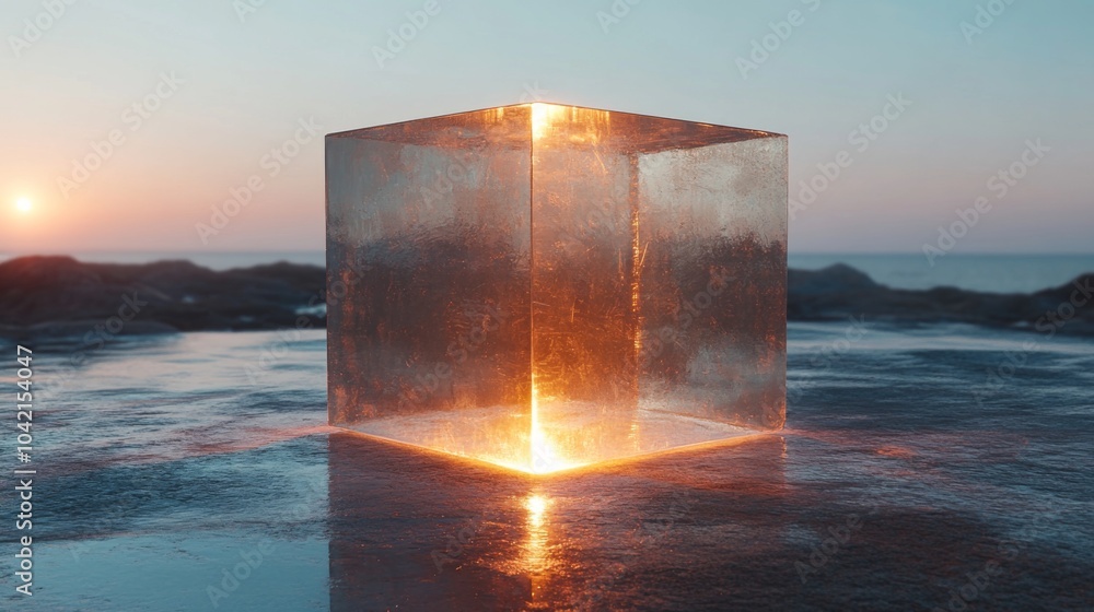 Poster a transparent cube sits on the shoreline as the sun sets in the background, illuminating the wet san