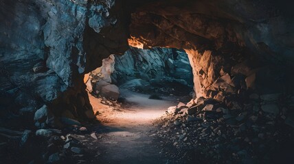 Soft light illuminating path to cave entrance in rocky terrain
