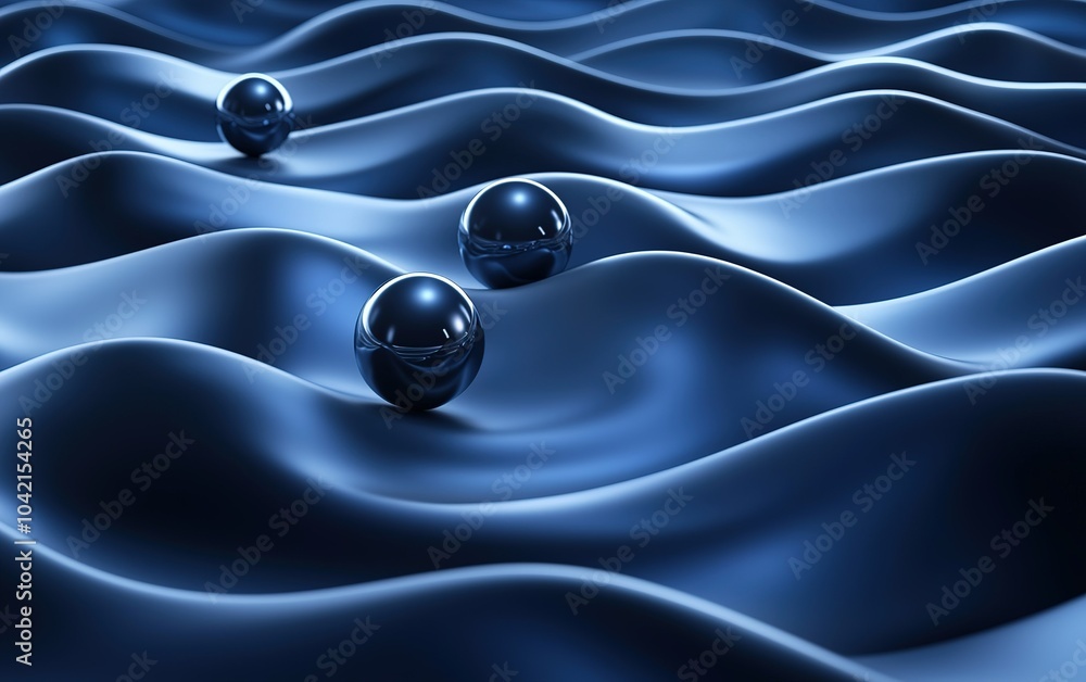 Poster Abstract blue waves with reflective spheres creating a serene and dynamic composition