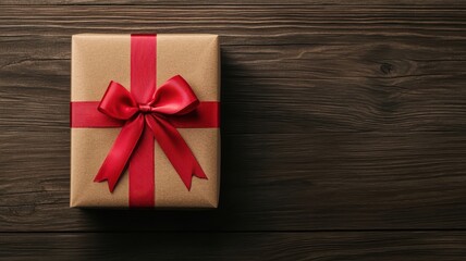 Gift box with red ribbon on wooden background, perfect for celebrations.