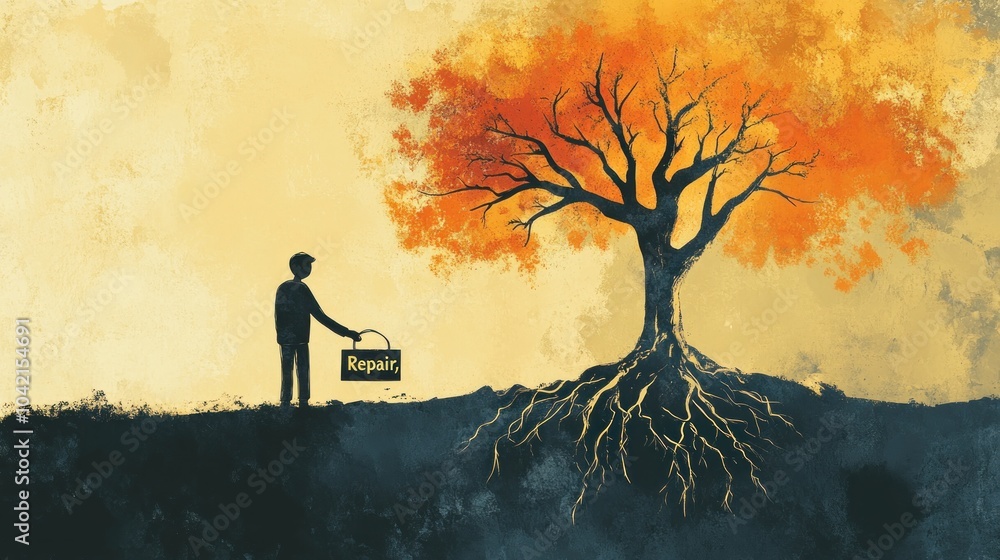 Poster a man stands in front of a tree with a toolbox labeled 