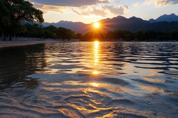 Golden sunset casting a warm glow over the Summer Palace, with Kunming Lake reflecting the peaceful atmosphere and ancient structures