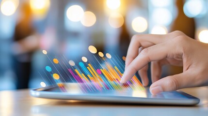 Business professional examining benchmarking data with a digital tablet in a modern office