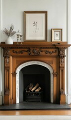 Ornate fireplace with wood mantle and fire grate.