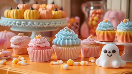A bright and cheerful dessert table with colorful Halloween cupcakes, candy corn, and ghost-shaped macarons on a neon orange table.