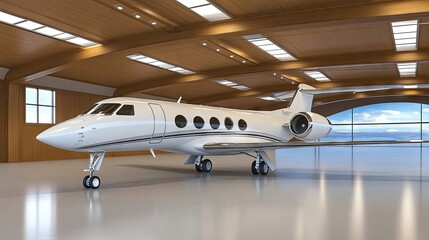 A sleek G650 jet awaits in a modern hangar illuminated by dramatic lighting, showcasing elegance and minimalistic design