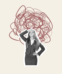 Young woman have chaotic lines, mind thoughts.