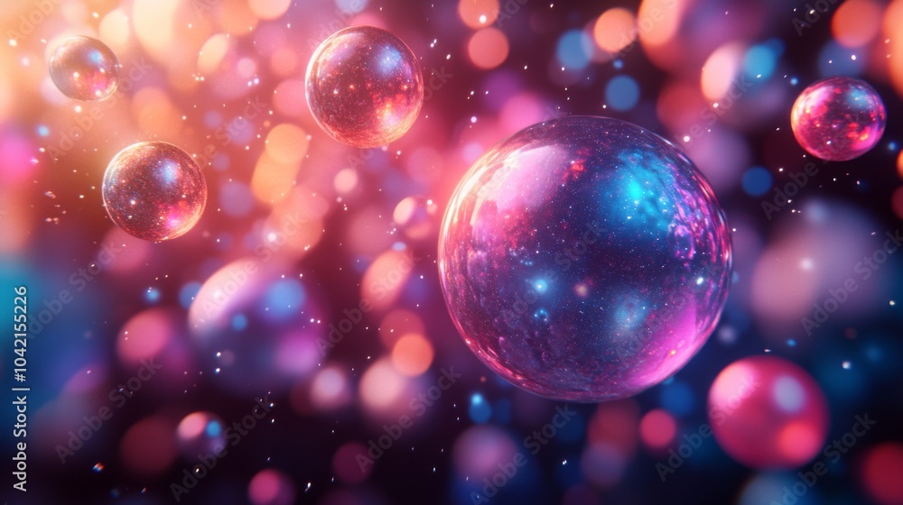 Aufkleber A collection of colorful bubbles seems to float gracefully in a lively backdrop filled with shimmering, blurred lights, creating an enchanting visual effect.
