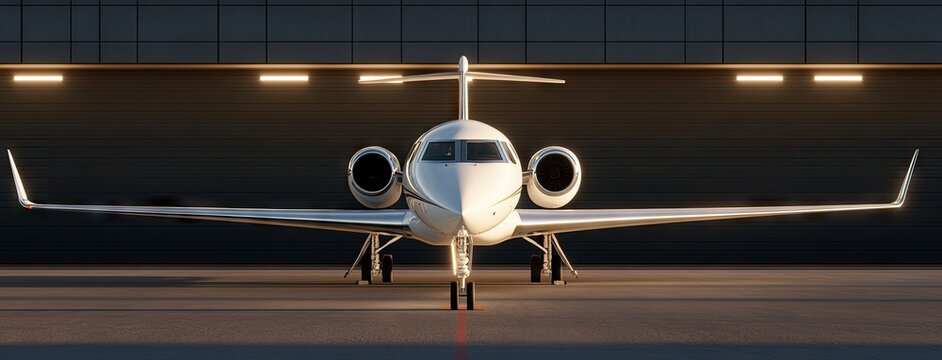 A sleek G650 jet awaits in a modern hangar illuminated by dramatic lighting, showcasing elegance and minimalistic design