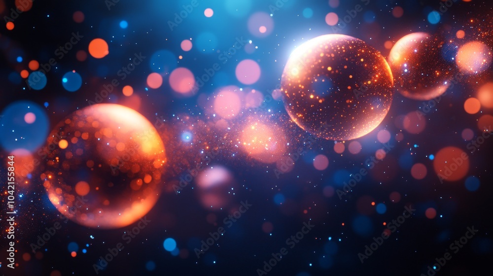 Fototapete An array of vibrant glowing spheres floats in a deep space setting, surrounded by twinkling stars and colorful bokeh effects, highlighting the wonders of the universe.