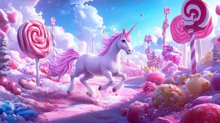 A pastel-colored unicorn running through a candy-themed world with giant lollipops and sweets