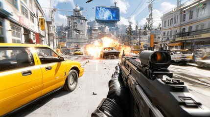 Obraz premium A dynamic cyberpunk scene featuring a neon-lit city skyline engulfed in chaos and explosions, showcasing futuristic urban life and thrilling action.