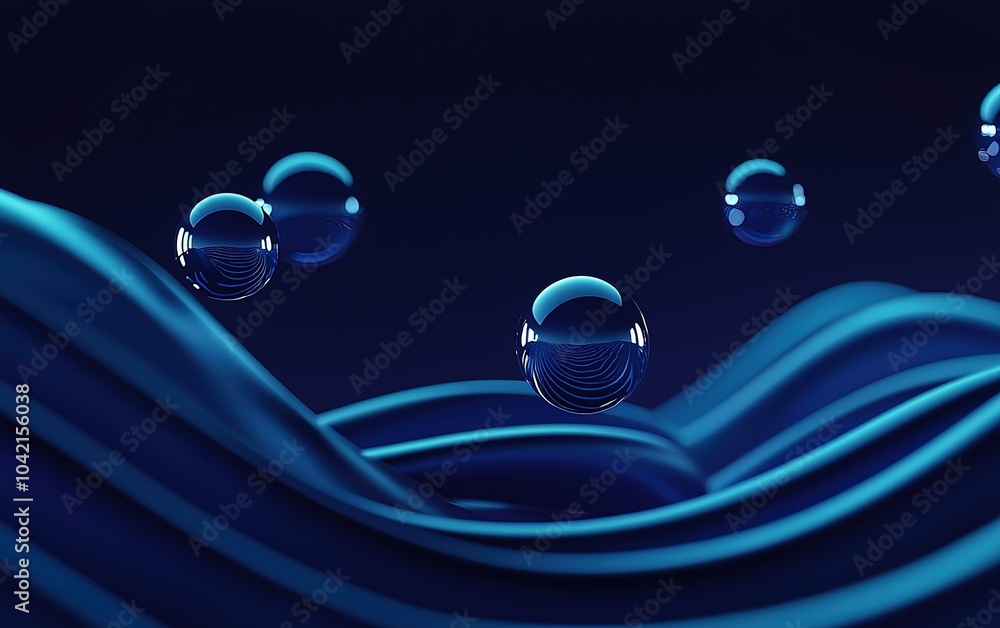Poster swirling blue waves with shimmering water droplets captured under soft lighting in a tranquil abstra
