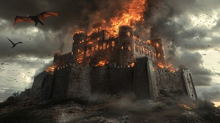A breathtaking medieval castle engulfed in flames atop a hill, surrounded by dark clouds and dragons. This dramatic scene captures the essence of fantasy and adventure.