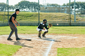 Baseball player, field and athlete in sport game with exercise, training and teamwork outdoor....