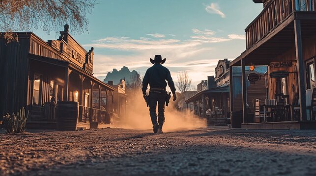 A lone cowboy strides through a dusty old western town at sunset. Tumbleweeds dance in the wind, capturing the essence of frontier life and nostalgia.