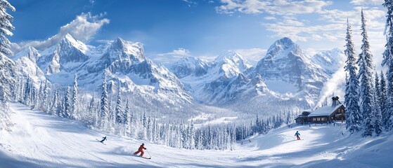 Explore a stunning snowy mountain range with skiers and snowboarders enjoying outdoor adventures amidst a picturesque winter landscape.