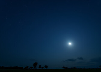 Naklejka premium A peaceful night sky filled with stars, the moon shining brightly over a calm, quiet landscape.