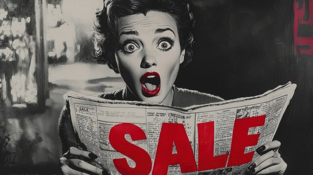 A woman with an astonished expression holds a newspaper showcasing a large sale announcement. Her vintage hairstyle and red lipstick add to the excitement of potential shopping finds