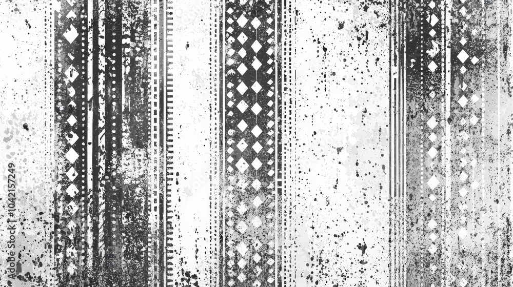 Poster A textured monochrome design features vertical stripes and geometric patterns that create a sense of depth and complexity, showcasing black and white contrast
