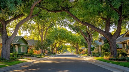Obraz premium A quiet, eco-conscious residential area with green homes, large trees arching over the streets, and well-maintained, eco-friendly gardens creating a peaceful vibe.