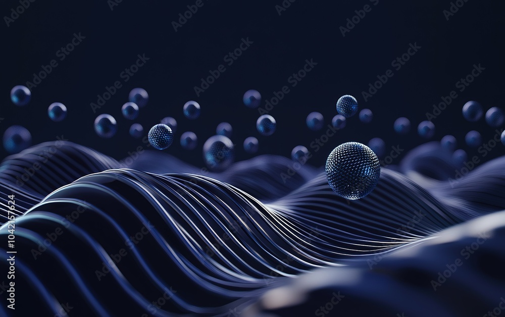 Aufkleber captivating 3d visualization of dark ocean waves with floating spheres in a serene, abstract landsca