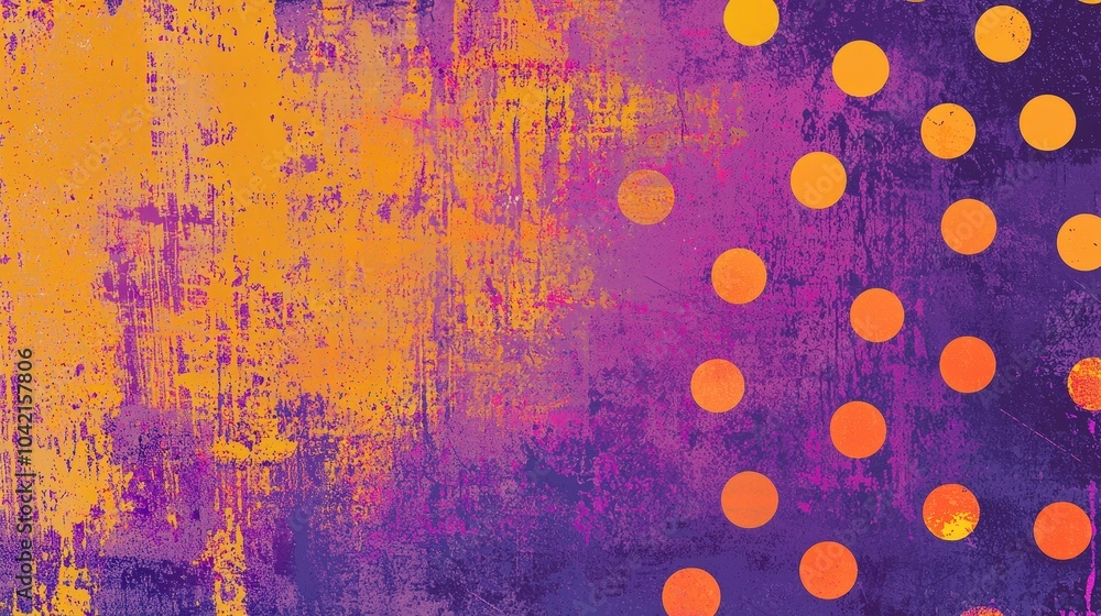 Poster this artwork features a rich blend of orange circles set against a dynamic purple and orange backgro