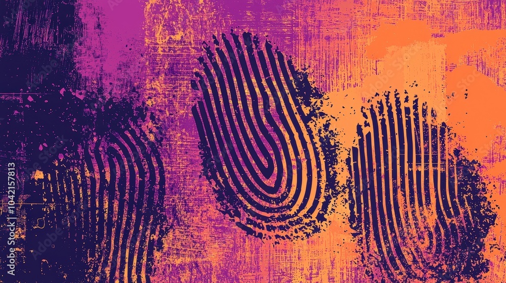 Poster A vibrant abstract design showcases large, prominent fingerprints set against a textured backdrop of purples and oranges, creating a modern artistic effect