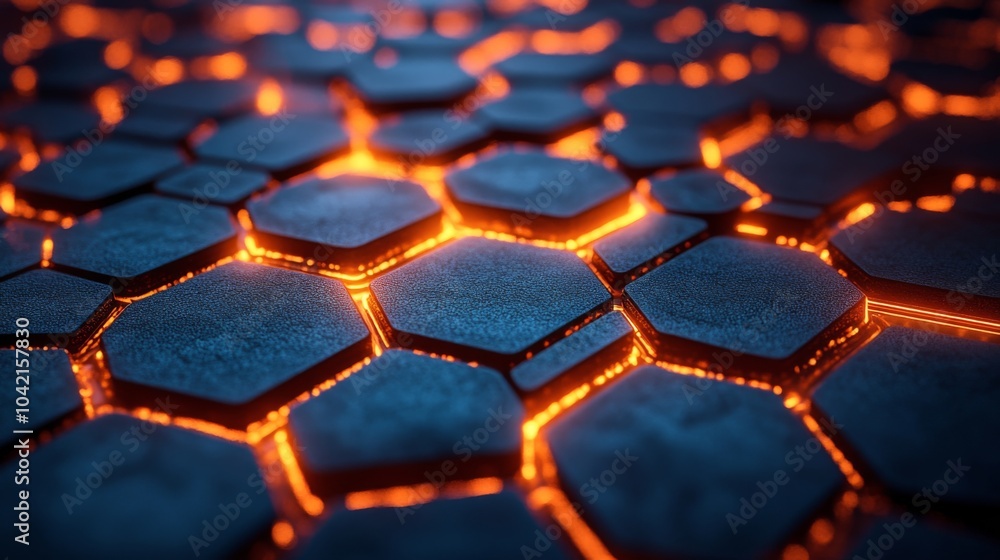 Aufkleber Intricate hexagonal shapes form a captivating pattern on the ground, illuminated by glowing molten lava seeping through the cracks. The environment exudes a sense of intense heat and energy.